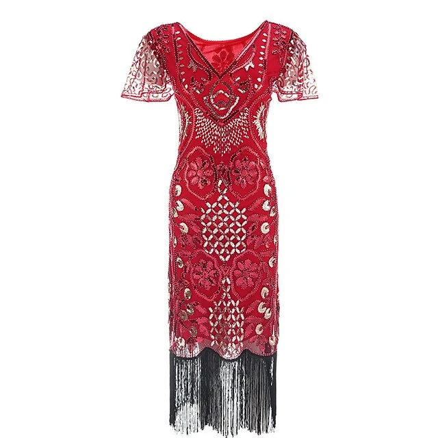 Women's Retro 1920s Fringe Dress Midi Dress Party Halloween Sequins Tassel Fringe Floral V Neck Short Sleeve Regular Fit Spring Fall 2023 Silver Red S M L XL 2 Women's Retro 1920s Fringe Dress Midi Dress Party Halloween Sequins Tassel Fringe Floral V Neck Short Sleeve Regular Fit Spring Fall 2023 Silver Red S M L XL - Image 2