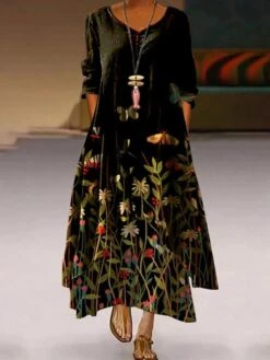 Women's Casual Dress Swing Dress Long Dress Maxi Dress Black White Yellow Long Sleeve Animal Button Summer Spring Crew Neck Casual Winter Dress Fall Dress Loose Fit 2023 S M L XL XXL 3XL 4XL 5XL