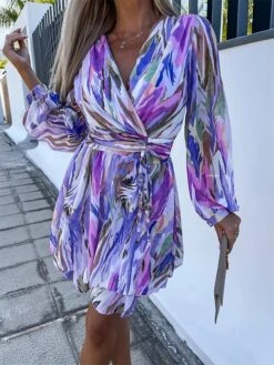 Women's Casual Dress Chiffon Dress Wrap Dress Color Block Stripe Lace Up Print V Neck Mini Dress Fashion Modern Outdoor Daily Long Sleeve Loose Fit Blue Fuchsia Summer Spring S M L XL XXL -Casual Print Dress Sales mfyufa1682563573948