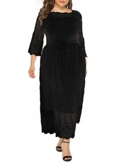 Women‘s Plus Size Curve Prom Dress Party Dress Lace Dress Long Dress Maxi Dress Black 3/4 Length Sleeve Pure Color Lace Summer Spring Fall Square Neck Fashion Winter Dress Birthday Evening -Casual Print Dress Sales mgfxwf1691399449863