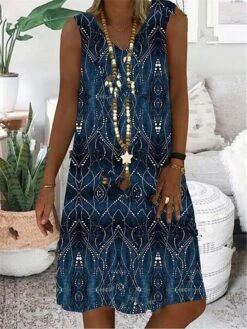 Women's Shift Dress Midi Dress Blue Purple Green Sleeveless Geometric Print Summer Spring V Neck Casual 2023 S M L XL XXL 3XL 4XL 5XL