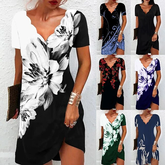 Women's Casual Dress Shift Dress Floral Dress Mini Dress Black And White Black White Short Sleeve Floral Print Summer Spring Scalloped Neck Fashion Vacation 2023 S M L XL XXL 3XL 1 Women's Casual Dress Shift Dress Floral Dress Mini Dress Black And White Black White Short Sleeve Floral Print Summer Spring Scalloped Neck Fashion Vacation 2023 S M L XL XXL 3XL