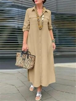 Women's Shirt Dress Casual Dress Maxi Long Dress Outdoor Daily Polyester Basic Classic Shirt Collar Button Pocket Long Sleeve Summer Spring Fall 2023 Loose Fit ArmyGreen Navy Blue Khaki Pure Color S