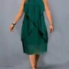 Women‘s Plus Size Curve Casual Dress Chiffon Dress Halter Neck Dress Plain Midi Dress Sleeveless Patchwork Layered Halter Fashion Outdoor Red Green Summer Spring L XL XXL 3XL 4XL