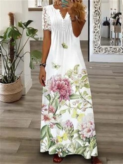 Women's Long Dress Maxi Dress Casual Dress Summer Dress Print Dress Floral Butterfly Fashion Streetwear Outdoor Daily Date Lace Print Short Sleeve V Neck Dress Loose Fit White Blue Green Summer Spring -Casual Print Dress Sales mgwykx1678270462880