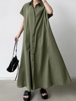 Women's Shirt Dress Casual Dress Maxi Long Dress Outdoor Daily Cotton Linen Basic Classic Shirt Collar Button Short Sleeve Summer Spring 2023 Loose Fit Navy Blue Brown Green Pure Color S M L XL XXL -Casual Print Dress Sales mhcaaj1688542112252