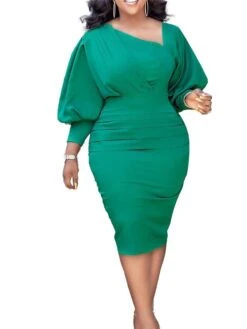 Women‘s Plus Size Curve Holiday Dress Solid Color V Neck Ruched Long Sleeve Fall Winter Work Knee Length Dress Work Weekend Dress -Casual Print Dress Sales mhkony1647508311529