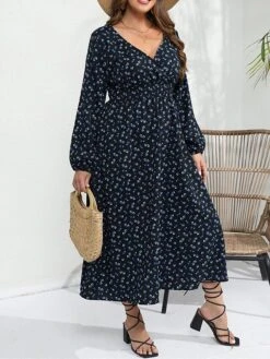Women's Plus Size Curve Party Dress Wedding Guest Dress Swing Dress Midi Dress Dark Blue Long Sleeve Floral Print Spring Fall Winter V Neck Fashion Winter Dress Birthday Wedding Guest XL XXL 3XL 4XL -Casual Print Dress Sales mhnkph1692171338294