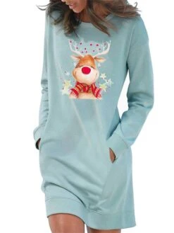 Women‘s Christmas Casual Dress Hoodie Dress Light Blue Grey White Long Sleeve Elk Pocket Print Winter Fall Crew Neck Stylish Casual Fall Dress Loose Fit 2022 S M L XL 2XL / Cotton / Winter Dress -Casual Print Dress Sales mhwfba1666259114673