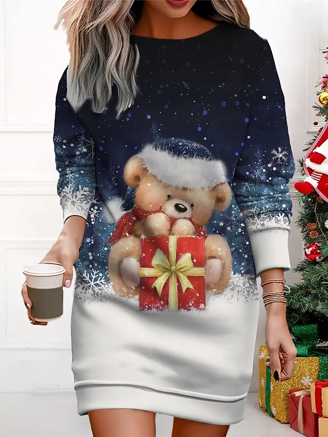 Women's Christmas Casual Dress Sweatshirt Dress Mini Dress Warm Fashion Outdoor Vacation Crew Neck Print Santa Claus Snowman Loose Fit Black White Wine S M L XL XXL 2 Women's Christmas Casual Dress Sweatshirt Dress Mini Dress Warm Fashion Outdoor Vacation Crew Neck Print Santa Claus Snowman Loose Fit Black White Wine S M L XL XXL - Image 2