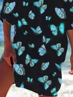 Women's Shirt Dress Beach Dress Beach Wear Mini Dress Button Pocket Fashion Casual Butterfly Turndown 3/4 Length Sleeve Loose Fit Outdoor Daily Black Green 2023 Spring Summer S M L XL -Casual Print Dress Sales mijmyx1676892743763