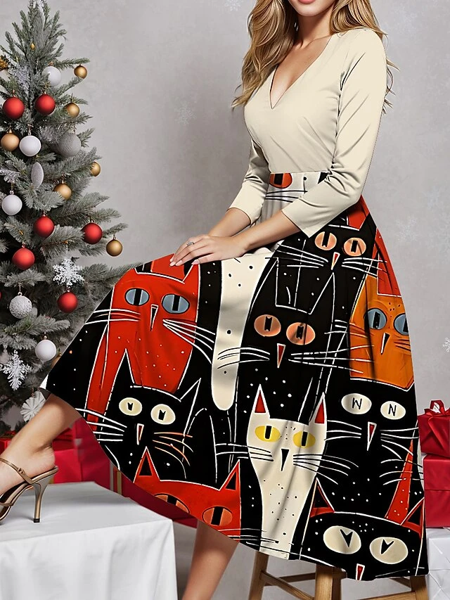 Women's Casual Dress Christmas Dress Winter Dress Cat Print V Neck Midi Dress Fashion Streetwear Outdoor Christmas 3/4 Length Sleeve Regular Fit Black Red Orange Fall Winter S M L XL XXL 3 Women's Casual Dress Christmas Dress Winter Dress Cat Print V Neck Midi Dress Fashion Streetwear Outdoor Christmas 3/4 Length Sleeve Regular Fit Black Red Orange Fall Winter S M L XL XXL - Image 3
