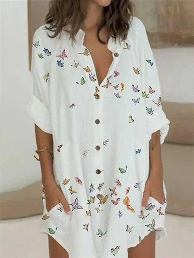 Women's Shirt Dress Casual Dress Shift Dress Mini Dress Daily Vacation Polyester Fashion Modern V Neck Button Pocket Half Sleeve Summer Spring Fall 2023 Loose Fit White Butterfly S M L XL 2XL 2 Women's Shirt Dress Casual Dress Shift Dress Mini Dress Daily Vacation Polyester Fashion Modern V Neck Button Pocket Half Sleeve Summer Spring Fall 2023 Loose Fit White Butterfly S M L XL 2XL - Image 2