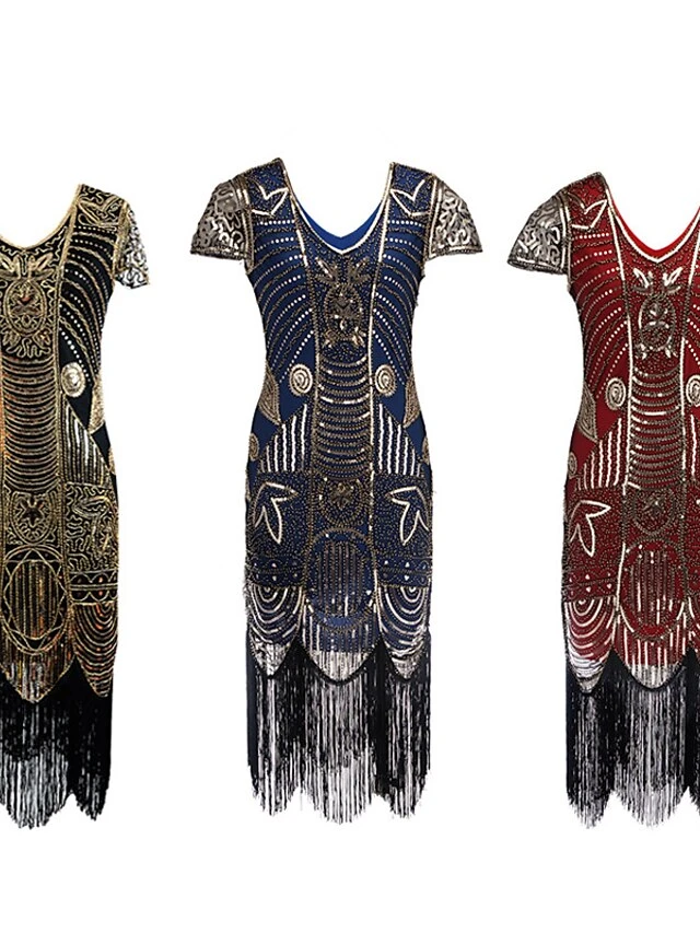Women's Retro 1920s Fringe Dress Midi Dress Party Holiday Sequins Tassel Fringe Leaf V Neck Short Sleeve Regular Fit Spring Fall 2023 Red Blue S M L XL 1 Women's Retro 1920s Fringe Dress Midi Dress Party Holiday Sequins Tassel Fringe Leaf V Neck Short Sleeve Regular Fit Spring Fall 2023 Red Blue S M L XL