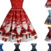 Women's Christmas Swing Dress Vintage DressKnee Length Dress Blue Wine Red Light BlueShort Sleeve Santa Claus Snowman Tree Print Fall Winter Square Neck Vintage Elegant Slim 2022 S M L XL
