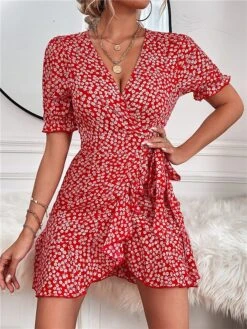 Women's Casual Dress Wrap Dress A Line Dress Floral Ditsy Floral Lace Up Ruffle V Neck Mini Dress Fashion Streetwear Outdoor Street Short Sleeve Regular Fit Red Summer Spring S M L -Casual Print Dress Sales mjquih1686652061096