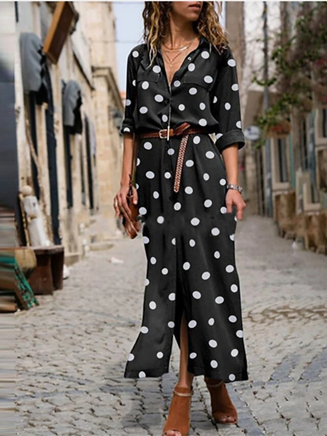 Women's Shirt Dress Maxi Long Dress Winter Dress Daily Date Polyester Fashion Elegant Shirt Collar Print Long Sleeve Summer Spring Fall 2022 Regular Fit Black Army Green Red Polka Dot Round Dots S M 2 Women's Shirt Dress Maxi Long Dress Winter Dress Daily Date Polyester Fashion Elegant Shirt Collar Print Long Sleeve Summer Spring Fall 2022 Regular Fit Black Army Green Red Polka Dot Round Dots S M - Image 2