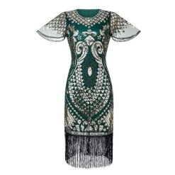Women's Retro 1920s Fringe Dress Midi Dress Party Halloween Sequins Tassel Fringe Floral V Neck Short Sleeve Regular Fit Spring Fall 2023 Silver Black S M L XL -Casual Print Dress Sales mkhckw1692849710492