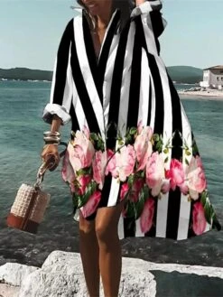 Women's Shirt Dress Casual Dress Swing Dress Midi Dress Daily Holiday Vacation Polyester Stylish Modern Shirt Collar High Low Dress Print Long Sleeve Summer Spring 2022 Loose Fit Black Red Blue -Casual Print Dress Sales mkwzge1660890830025