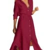 Women's Casual Dress Plain Dress Spring Dress Midi Dress Button Split Daily Date Going Out Fashion Elegant Shirt Collar Long Sleeve 2023 Loose Fit Black White Wine Color S M L XL XXL Size