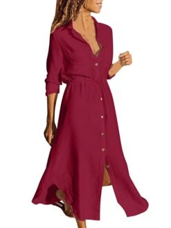 Women's Casual Dress Plain Dress Spring Dress Midi Dress Button Split Daily Date Going Out Fashion Elegant Shirt Collar Long Sleeve 2023 Loose Fit Black White Wine Color S M L XL XXL Size