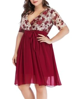 Women‘s Plus Size Curve Party Dress Cocktail Dress Wedding Guest Dress Midi Dress Black Wine Short Sleeve Floral Lace Up Summer Spring Fall V Neck Fashion Birthday Wedding Guest Vacation 2023 -Casual Print Dress Sales mljusv1691399400902
