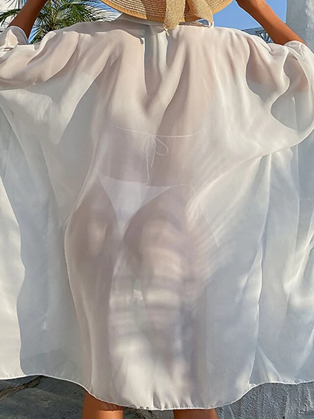 Women's Swimwear Cover Up Beach Top Normal Swimsuit UV Protection Modest Swimwear Button Pure Color White Black Bathing Suits New Casual Vacation / Modern 3 Women's Swimwear Cover Up Beach Top Normal Swimsuit UV Protection Modest Swimwear Button Pure Color White Black Bathing Suits New Casual Vacation / Modern - Image 3