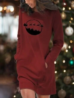 Women's Casual Dress Christmas Dress Sweatshirt Dress Santa Claus Ugly Christmas Pocket Print Crew Neck Mini Dress Fashion Streetwear Outdoor Christmas Long Sleeve Loose Fit Dark Red Red Burgundy -Casual Print Dress Sales mlxbiw1694675790715