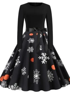 Women's Christmas Swing DressKnee Length Dress Black And White White Light Red Gold Red Long Sleeve Elk Snowman Bell Bow Print Fall Winter Round Neck Vintage Elegant 2022 S M L XL 2XL -Casual Print Dress Sales mmpxrq1634125864922