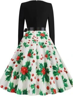 Women's Christmas Retro 1950s Vintage Dress Midi Dress Party Ruched Bow Fruit V Neck Long Sleeve Regular Fit Fall Winter 2023 Deep Green Black S M L XL -Casual Print Dress Sales mmtair1695363826853