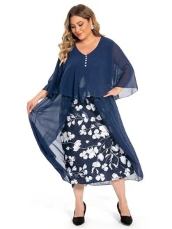 Women's Plus Size Curve Work Dress Floral V Neck Ruched 3/4 Length Sleeve Spring Summer Work Elegant Midi DressLayered Formal Vacation Dress -Casual Print Dress Sales mnoqqp1694765022001