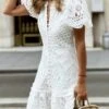 Women's Casual Dress Lace Dress White Dress Mini Dress Lace Up Street Holiday Vacation Fashion Streetwear V Neck Short Sleeve 2023 Slim White Color S M L XL XXL Size