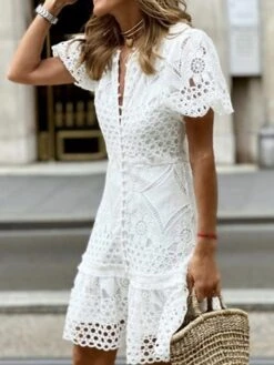 Women's Casual Dress Lace Dress White Dress Mini Dress Lace Up Street Holiday Vacation Fashion Streetwear V Neck Short Sleeve 2023 Slim White Color S M L XL XXL Size