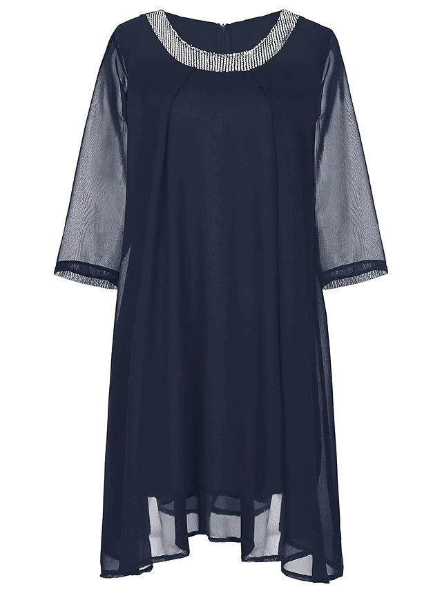 Women‘s Plus Size Curve Work Dress Chiffon Dress Swing Dress Fashion Midi Dress Layered Fake Two Piece Crew Neck 3/4 Length Sleeve Plain Regular Fit Black Red Navy Blue Summer Spring 2 Women‘s Plus Size Curve Work Dress Chiffon Dress Swing Dress Fashion Midi Dress Layered Fake Two Piece Crew Neck 3/4 Length Sleeve Plain Regular Fit Black Red Navy Blue Summer Spring - Image 2