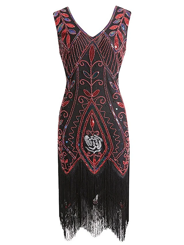 Women's Retro 1920s Fringe Dress Midi Dress Party Halloween Sequins Tassel Fringe Leaf V Neck Sleeveless Regular Fit Spring Fall 2023 Black Wine S M L XL 7 Women's Retro 1920s Fringe Dress Midi Dress Party Halloween Sequins Tassel Fringe Leaf V Neck Sleeveless Regular Fit Spring Fall 2023 Black Wine S M L XL - Image 7