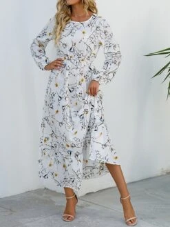 Women's Casual Dress Swing Dress A Line Dress Floral Print Crew Neck Long Dress Maxi Dress Fashion Modern Daily Holiday Long Sleeve Regular Fit Black White Yellow Fall Winter S M L XL -Casual Print Dress Sales mpvcvr1695036788401