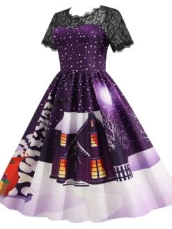Women's Christmas Knee Length Dress Blue Purple Wine Green Black Red Short Sleeve Print Lace Print Fall Winter Round Neck CasualRegular Fit 2021 S M L XL XXL 3XL -Casual Print Dress Sales mqcjtm1632737573121