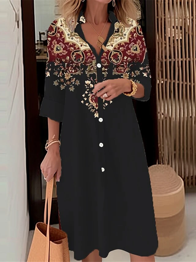 Women's Shirt Dress Casual Dress Midi Dress Outdoor Daily Date Polyester Fashion Modern Shirt Collar Button Pocket Long Sleeve Fall Winter 2023 Loose Fit Black Wine Red Floral S M L XL 2XL 3 Women's Shirt Dress Casual Dress Midi Dress Outdoor Daily Date Polyester Fashion Modern Shirt Collar Button Pocket Long Sleeve Fall Winter 2023 Loose Fit Black Wine Red Floral S M L XL 2XL - Image 3