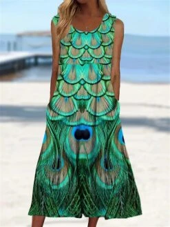 Women's Casual Dress Tank Dress Floral Feather Pocket Crew Neck Midi Dress Active Going Out Sleeveless Regular Fit Light Green Navy Blue Blue Summer Spring S M L XL XXL