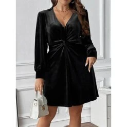 Women's Plus Size Curve Party Dress Black Velvet Dress Cocktail Dress Solid Color Mini Dress Long Sleeve Ruched V Neck Fashion Party Black Fall Winter XL XXL 3XL -Casual Print Dress Sales mqmfuh1695645442294