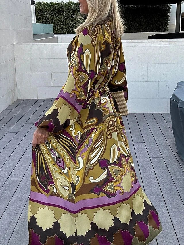 Women's Casual Dress Winter Dress Swing Dress Floral Lace Up Split V Neck Long Dress Maxi Dress Fashion Modern Outdoor Daily Long Sleeve Regular Fit Yellow Green Fall Winter S M L XL 2XL 3 Women's Casual Dress Winter Dress Swing Dress Floral Lace Up Split V Neck Long Dress Maxi Dress Fashion Modern Outdoor Daily Long Sleeve Regular Fit Yellow Green Fall Winter S M L XL 2XL - Image 3