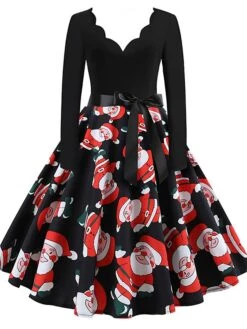 Women's Christmas Retro 1950s Vintage Dress Midi Dress Party Ruched Bow Fruit V Neck Long Sleeve Regular Fit Fall Winter 2023 Deep Green Black S M L XL -Casual Print Dress Sales mqzoia1695363819442
