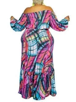 Women‘s Plus Size Curve Two Piece Dress Graphic One Shoulder Lantern Sleeve Long Sleeve Fall Spring Stylish Elegant Maxi Long Dress Holiday Vacation Dress -Casual Print Dress Sales mrdcno1623133613490
