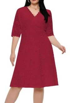 Women‘s Plus Size Curve Party Dress Lace Dress White Dress Solid Color Midi Dress Half Sleeve Lace V Neck Fashion Party White Red Summer Spring XL XXL 3XL 4XL 5XL -Casual Print Dress Sales mrdzph1681204550816