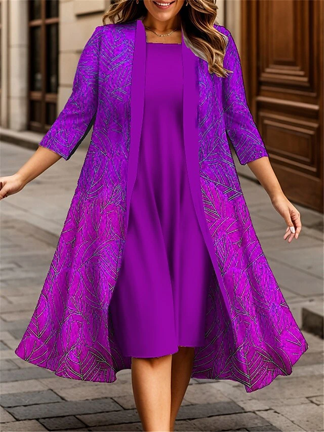 Women's Plus Size Curve Casual Dress Dress Set Two Piece Dress Floral Midi Dress 3/4 Length Sleeve Print Crew Neck Fashion Outdoor Blue Purple Fall Winter L XL XXL 3XL 4XL 2 Women's Plus Size Curve Casual Dress Dress Set Two Piece Dress Floral Midi Dress 3/4 Length Sleeve Print Crew Neck Fashion Outdoor Blue Purple Fall Winter L XL XXL 3XL 4XL - Image 2