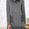 Women's Casual Dress A Line Dress Print Dress Stripe Pocket Print Cowl Neck Mini Dress Active Fashion Outdoor Daily Long Sleeve Loose Fit Gray Fall Winter S M L XL XXL