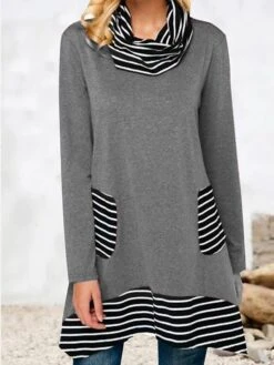Women's Casual Dress A Line Dress Print Dress Stripe Pocket Print Cowl Neck Mini Dress Active Fashion Outdoor Daily Long Sleeve Loose Fit Gray Fall Winter S M L XL XXL