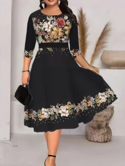 Women‘s Plus Size Curve Work Dress Swing Dress A Line Dress Fashion Midi Dress Print Crew Neck 3/4 Length Sleeve Floral Geometric Regular Fit Black White Green Summer Fall L XL XXL 3XL 4XL -Casual Print Dress Sales mrsyvb1690962538699