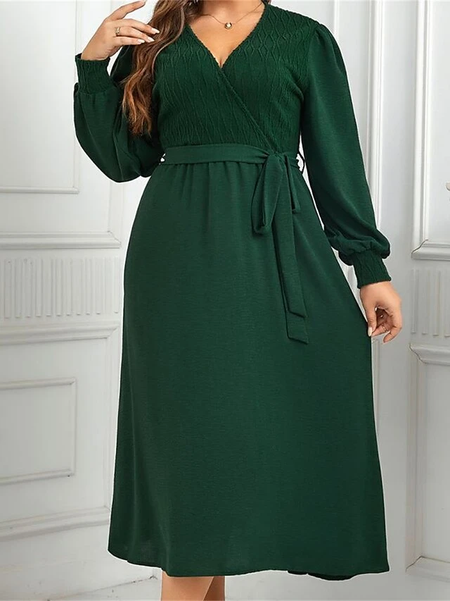 Women's Plus Size Curve Casual Dress Sheath Dress Plain Midi Dress Long Sleeve Lace Up Split V Neck Fashion Outdoor Green Fall Winter XL XXL 3XL 4XL 5 Women's Plus Size Curve Casual Dress Sheath Dress Plain Midi Dress Long Sleeve Lace Up Split V Neck Fashion Outdoor Green Fall Winter XL XXL 3XL 4XL - Image 5