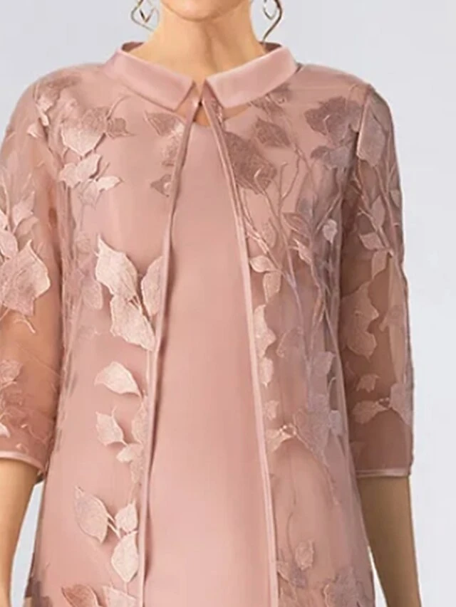 Women's Plus Size Curve Party Dress Dress Set Two Piece Dress Floral Midi Dress 3/4 Length Sleeve Mesh Embroidered Shirt Collar Fashion Party Pink Fall Winter L XL XXL 3XL 4XL 3 Women's Plus Size Curve Party Dress Dress Set Two Piece Dress Floral Midi Dress 3/4 Length Sleeve Mesh Embroidered Shirt Collar Fashion Party Pink Fall Winter L XL XXL 3XL 4XL - Image 3